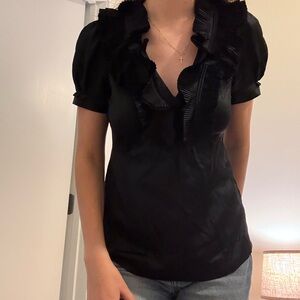 BCBGMaxAzria Silk Black Ruffled Blouse